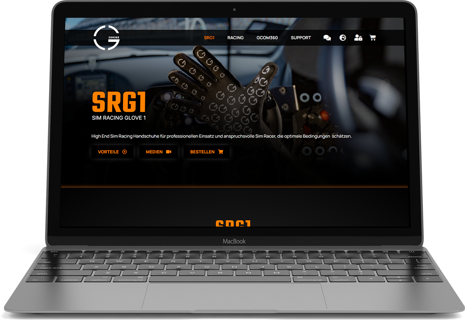 GCOM360 Online-Shop mit SRG1 Sim-Racing-Handschuh auf MacBook