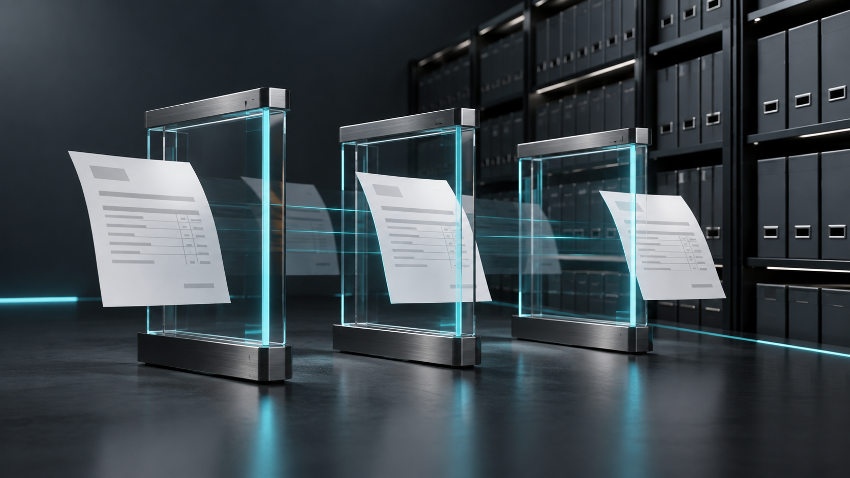 Abstrakte Rechnungsprüfung mit digitalem Blatt in drei Glas- und Metallrahmen vor einem dunklen Archiv