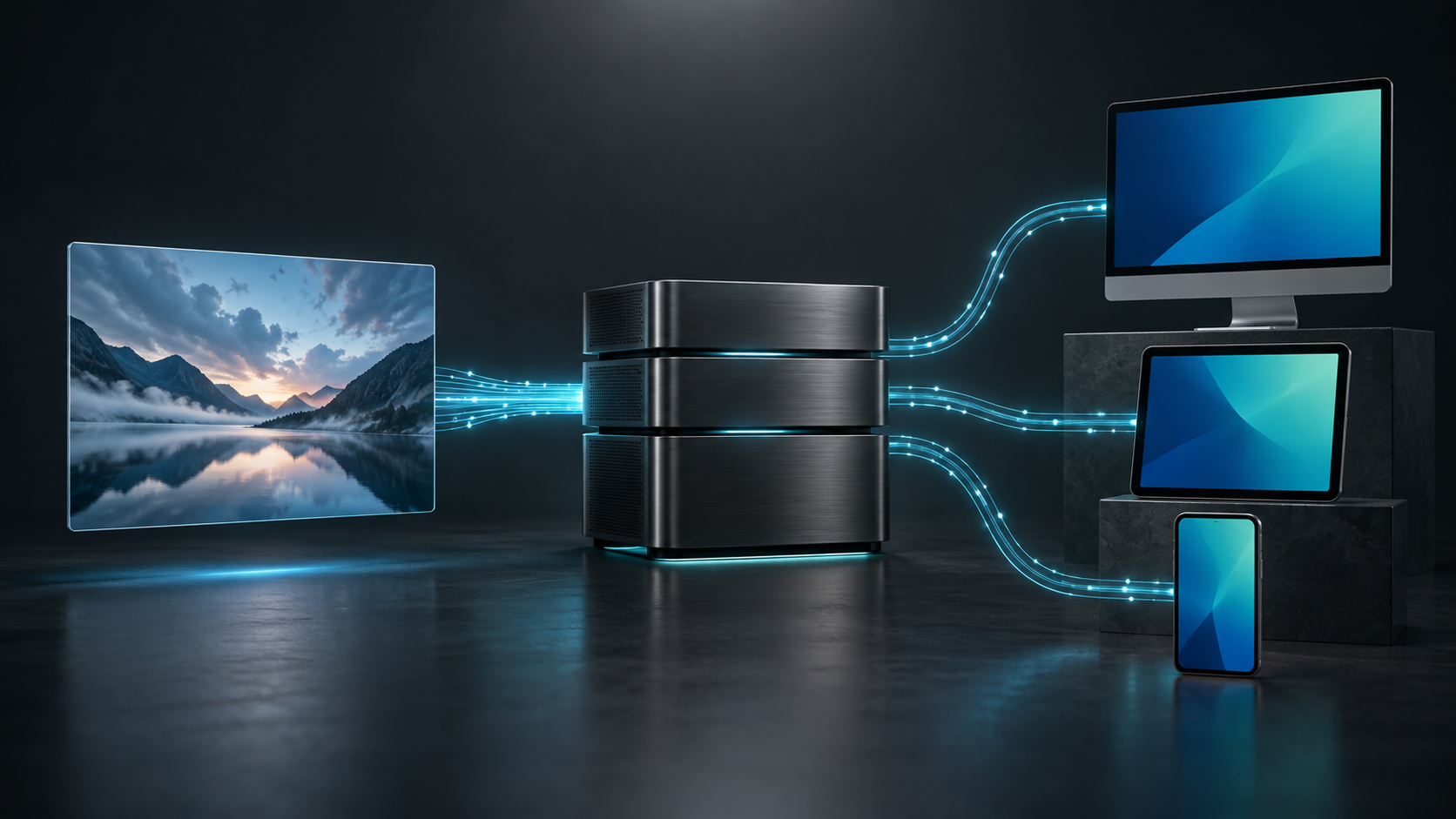 Abstrakte Medienverarbeitung mit Video-Frame, zentralem Modul und Ausgängen zu Desktop, Tablet und Smartphone